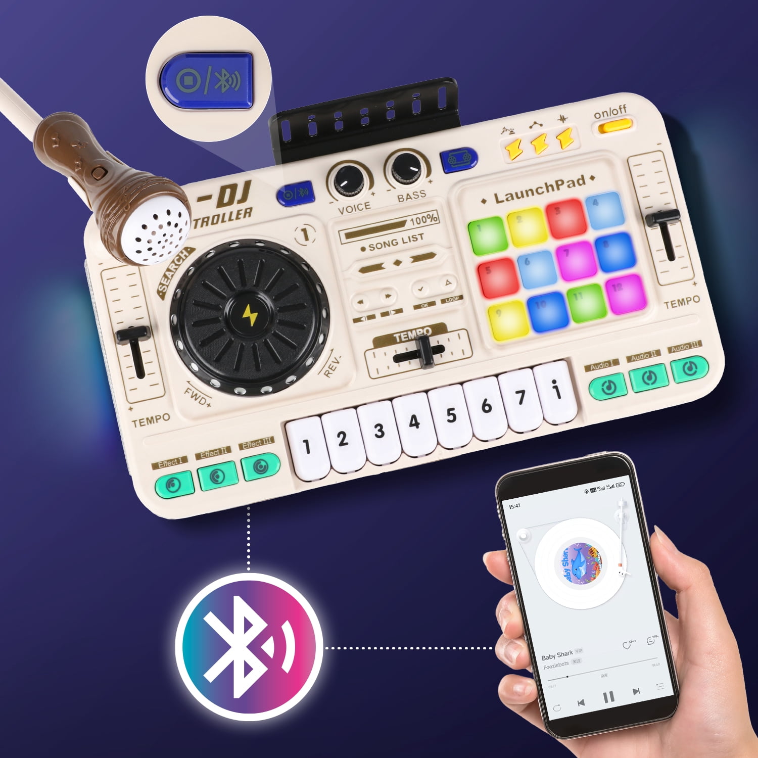 Carsky DJ Mixer Turntable Toy with Bluetooth, Lights & Mic – Music Activity Toy for Kids with Beat Effects, Sound Pads & Record Function Musical Gift for Kids 5-7, 8-12+(White )