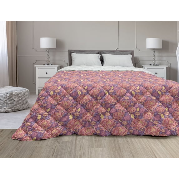 Floral Vintage Down Alternative Comforter, Pattern of Botanical Elements Scattered, Microfiber Quilt for All Season, 5 Sizes, Pale Yellow Slate Blue, by Ambesonne