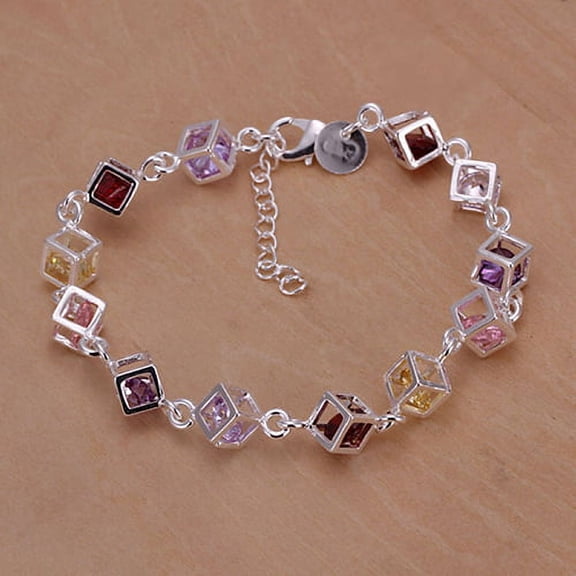 Ayyufe Women Silver Plated Cube Colorful CZ Bracelet Bangles
