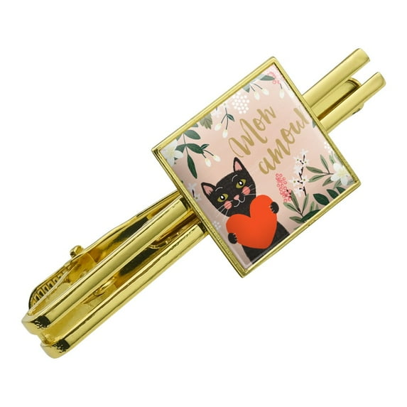 Mon Amour My Love French Cat Heart Square Tie Bar Clip Clasp Tack- Silver or Gold