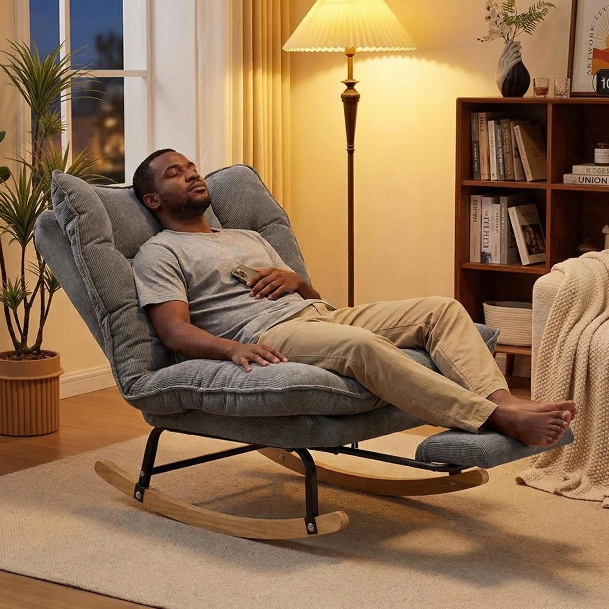 Keerffo Nursery Rocking Chair with Footrest,Corduroy Upholstered Lazy Recliner Lounge Chair, Single Sofa for Living Room, Rubber Wood Legs