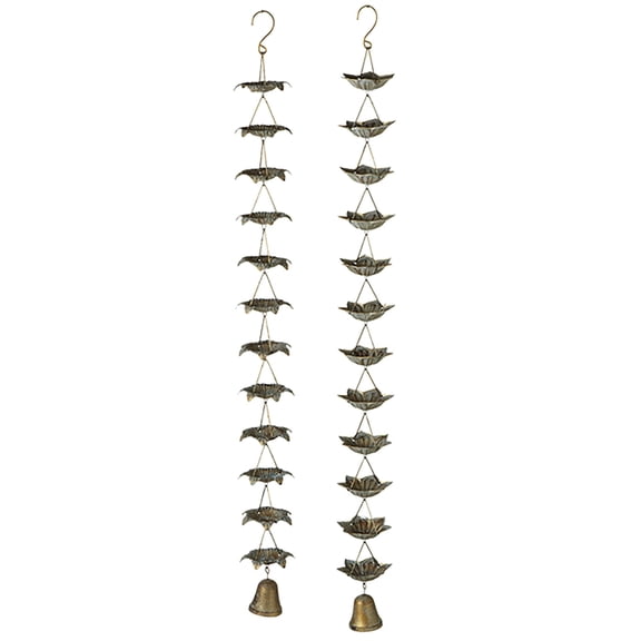 Diva At Home Set of 2 Gold Patina Floral Rain Bell Chain with Curly Wall Hooks 41"