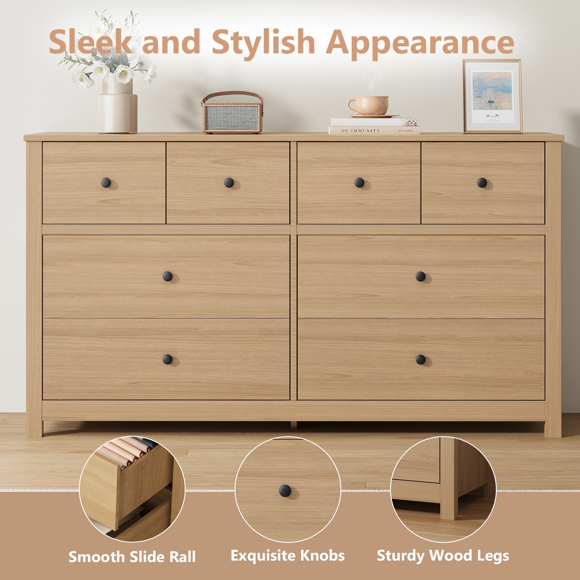 PYY 8 Drawer Dresser, 53" Wide Dresser for Bedroom, Farmhouse Double Dresser with Large Storage Space, Modern Long Wooden Chest of Drawers for Living Room, Hallway and Nursery, Natural Oak