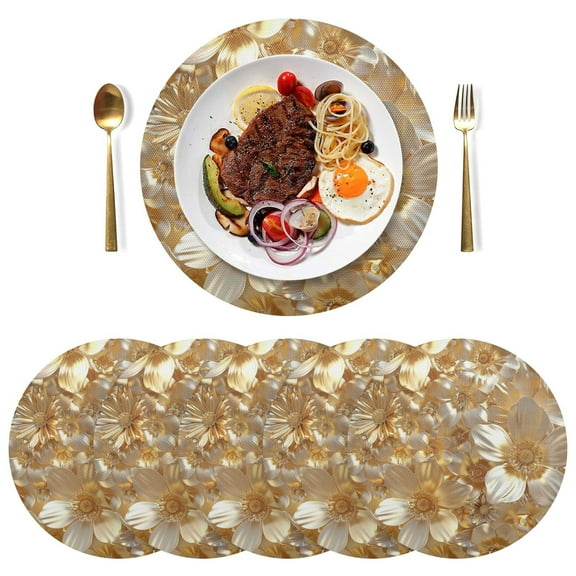3d Gold Flowers Black Round Placemats Plate Mats 15 Inch Non-Slip Heat Resistant Washable PVC Set Indoor for Kitchen Dining Table 1PC