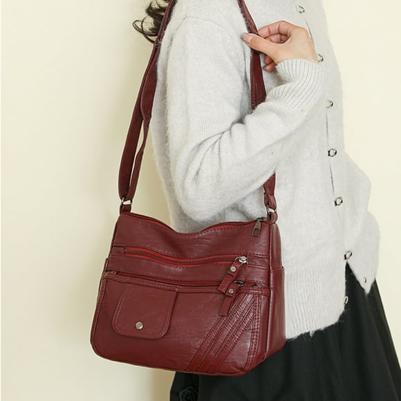 Women's Shoulder Bag | Fashionable Multi-Pocket Soft Leather Style | Large Capacity Oil Waxed PU | Textured Vintage Look | Versatile Tote Purse | 27x20x13cm | Black Brown Red