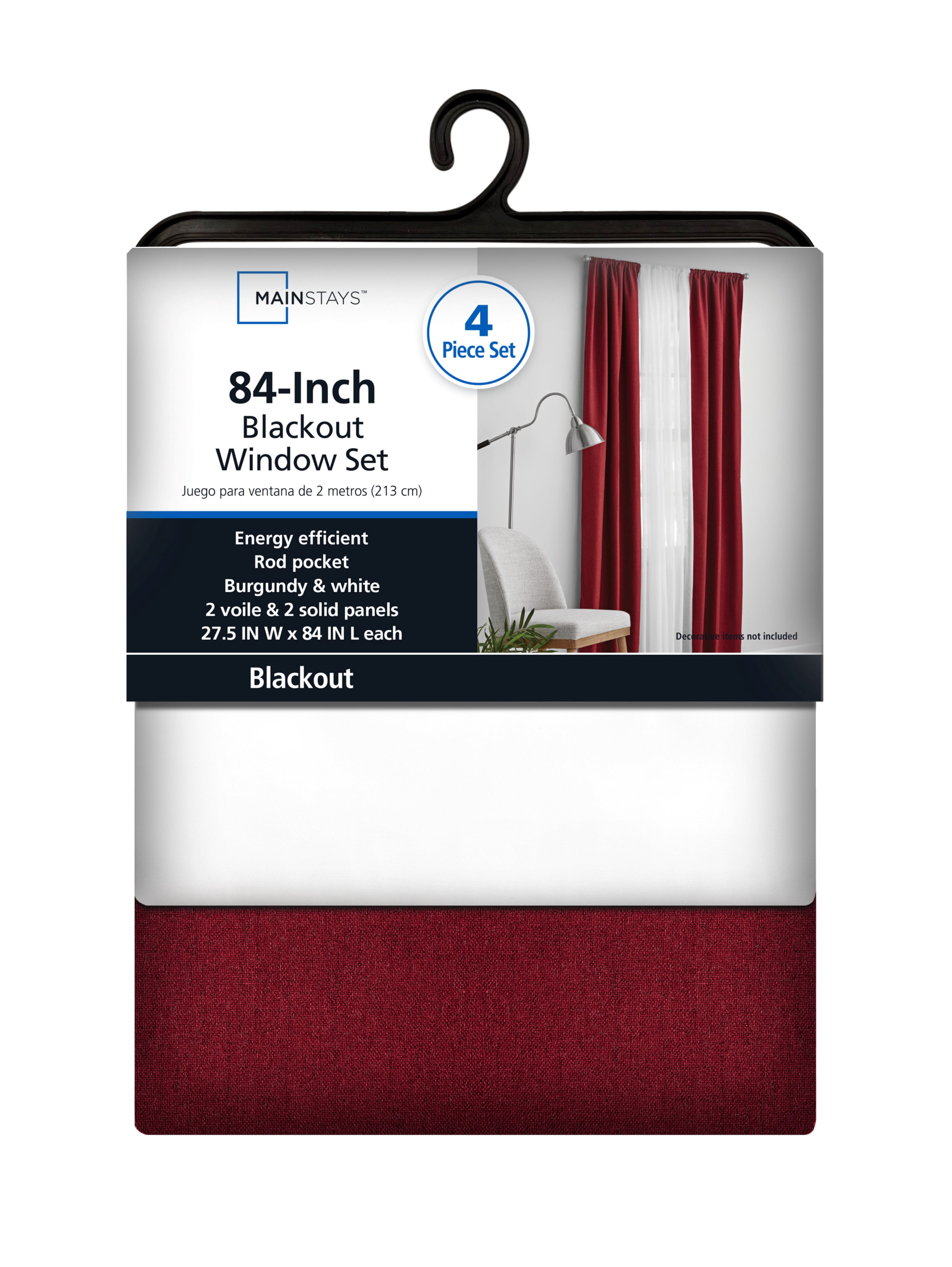 Mainstays Solid Twill Blackout Curtain Panel and Sheers, Set of 4, Merlot, 27.5" W x 84" L