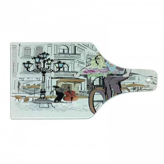 Paris Cutting Board, Young Girl Bike and Roses in a Street Old Town Musician Romantic Tour City, Decorative Tempered Glass Cutting and Serving Board, Wine Bottle Shape, Multicolor, by Ambesonne