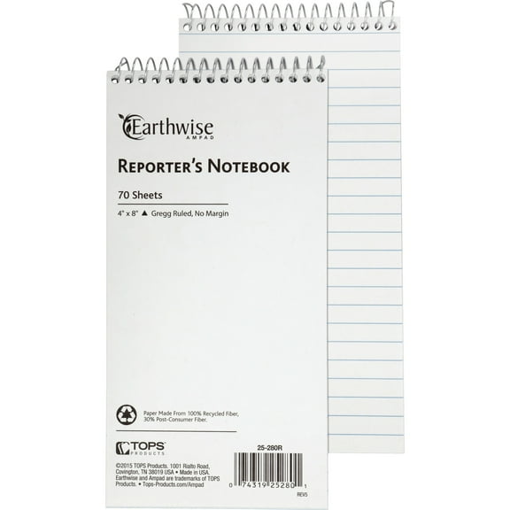 Ampad Earthwise Reporter's Notepads 4" x 8" Gregg Ruled White 625913