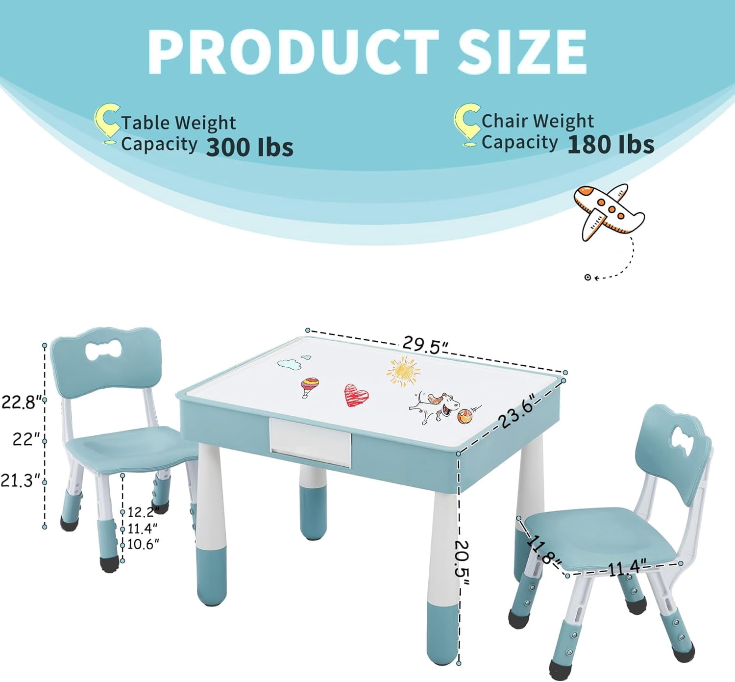 4 in 1 Kids Table and Chairs Set, Toddler Table and Chair Set for Kids Ages 3-10, 29.5" L x 23.6" W Activity Table w/Storage, Graffiti & Building Blocks Double-Sided Tabletop, Grayish Blue