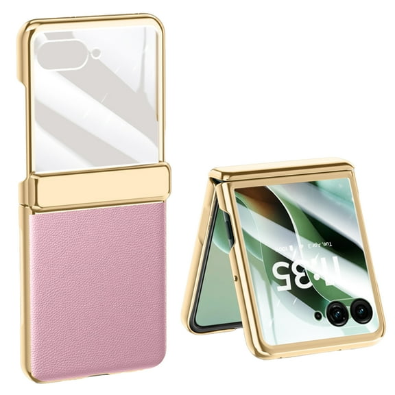Allytechgroup for Motorola Razr 2025 Case with Screen Protector, Faux Leather Electroplating TPU Full Body Shockproof Anti-Scratch Bumper Rugged Phone Case for Motorola Razr 2025, Pink