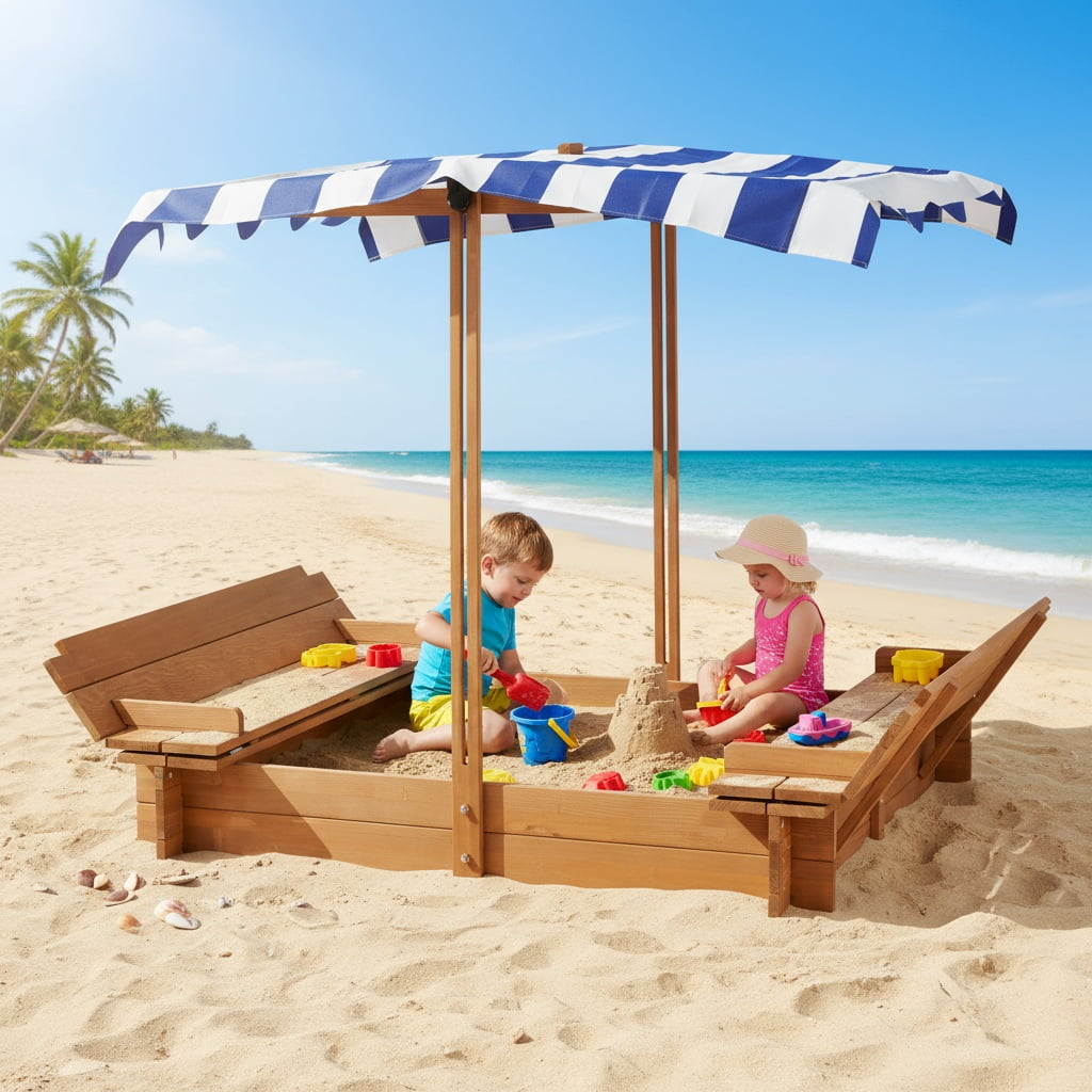 Kids Sandbox with Adjustable Canopy, 46'' Wooden Sand Box with 2 Foldable Bench Seats, Outdoor Cedar Sandpit for Backyard Play