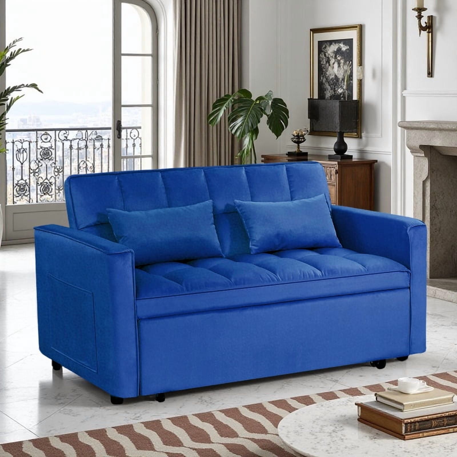 Gewnee 54"Sleeper Sofa Bed,Convertible Pull Out Couch with Adjustable Backrest and Side Pockets,Velvet Futon Loveseat Sofa Bed with 2 Pillows for Living Room,Apartment.Navy Blue