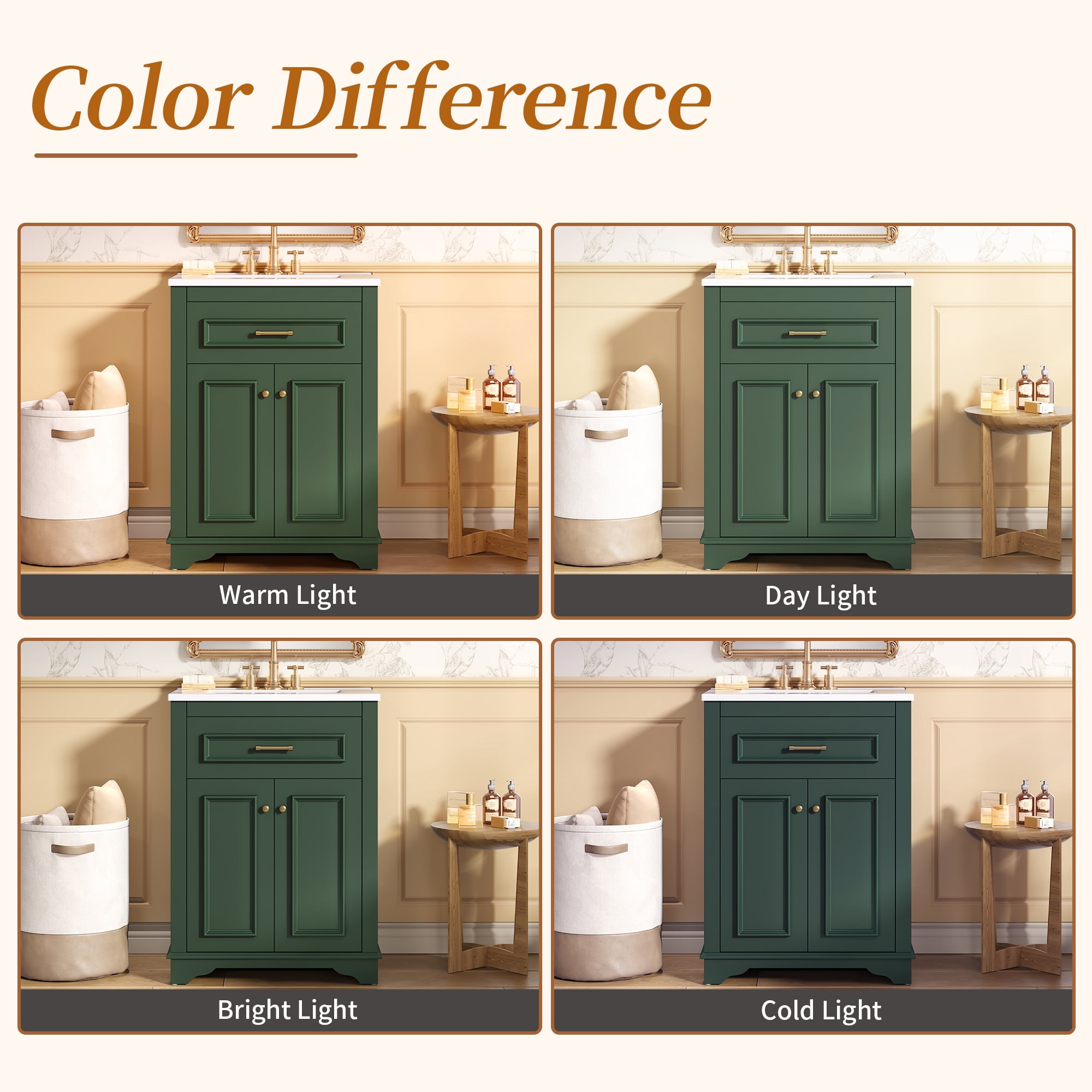 Euroco 24" Bathroom Vanity with Integrated Ceramic Sink, Bathroom Cabinet with 2 Doors, 1 Tip-Out Drawer, Single Sink Bathroom Vanity for Small and Medium Restroom, Green