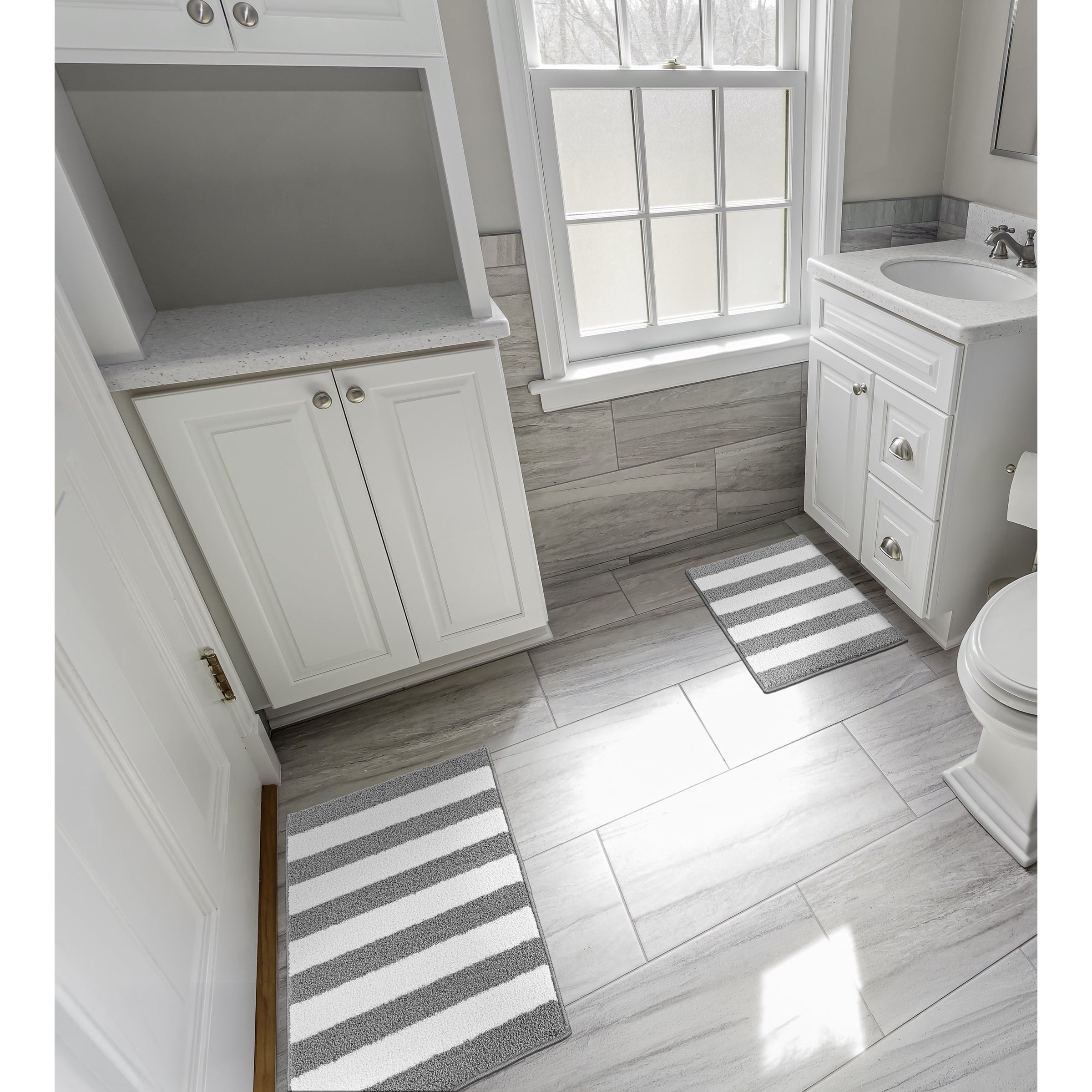 Garland Rug Beach Stripe Washable Bath Rug Set, 2 Piece Set (17"x24" Bath Rug, & 21"x34" Bath Rug) Silver/White