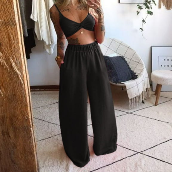 Baqcunre Wide Leg Pants For Women Casual Sleeveless Tops Long 2 Piece Camis Women Pants Set Women Suits & Sets Lounge Sets For Women Women'S Pants Black L