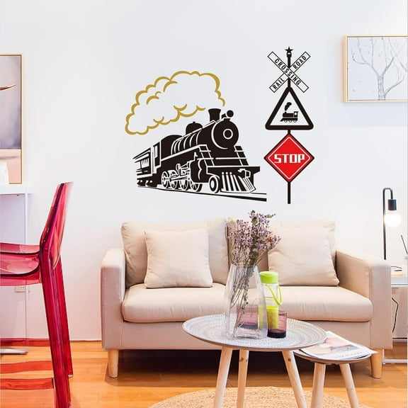 4Pcs Vintage Train Wall Stickers Road Sign Wall Decals Removable Vinyl Peel and Stick Wall Decals for Nursery Bedroom Living Room Playroom Wall Corner Decoration Home Indoor Wall Art Decor