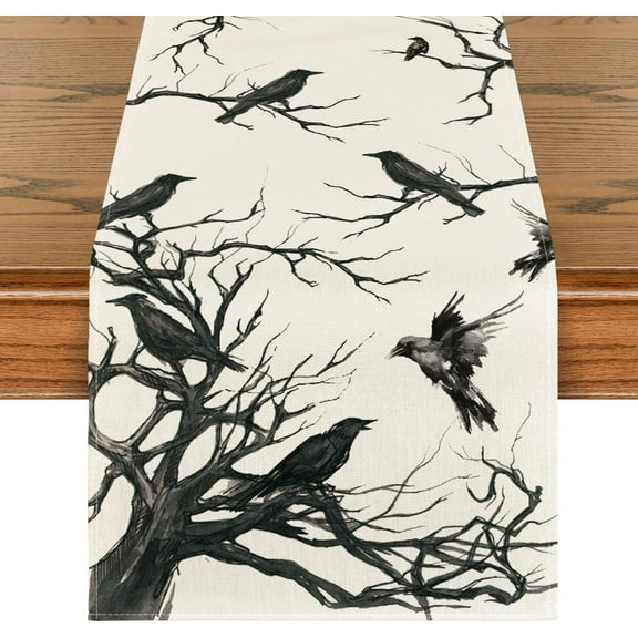 SM-XLHN Silhouette Tree Crows Halloween Table Runner, Branches Fall Kitchen Dining Table Decoration for Outdoor Home Party 13x36 Inch