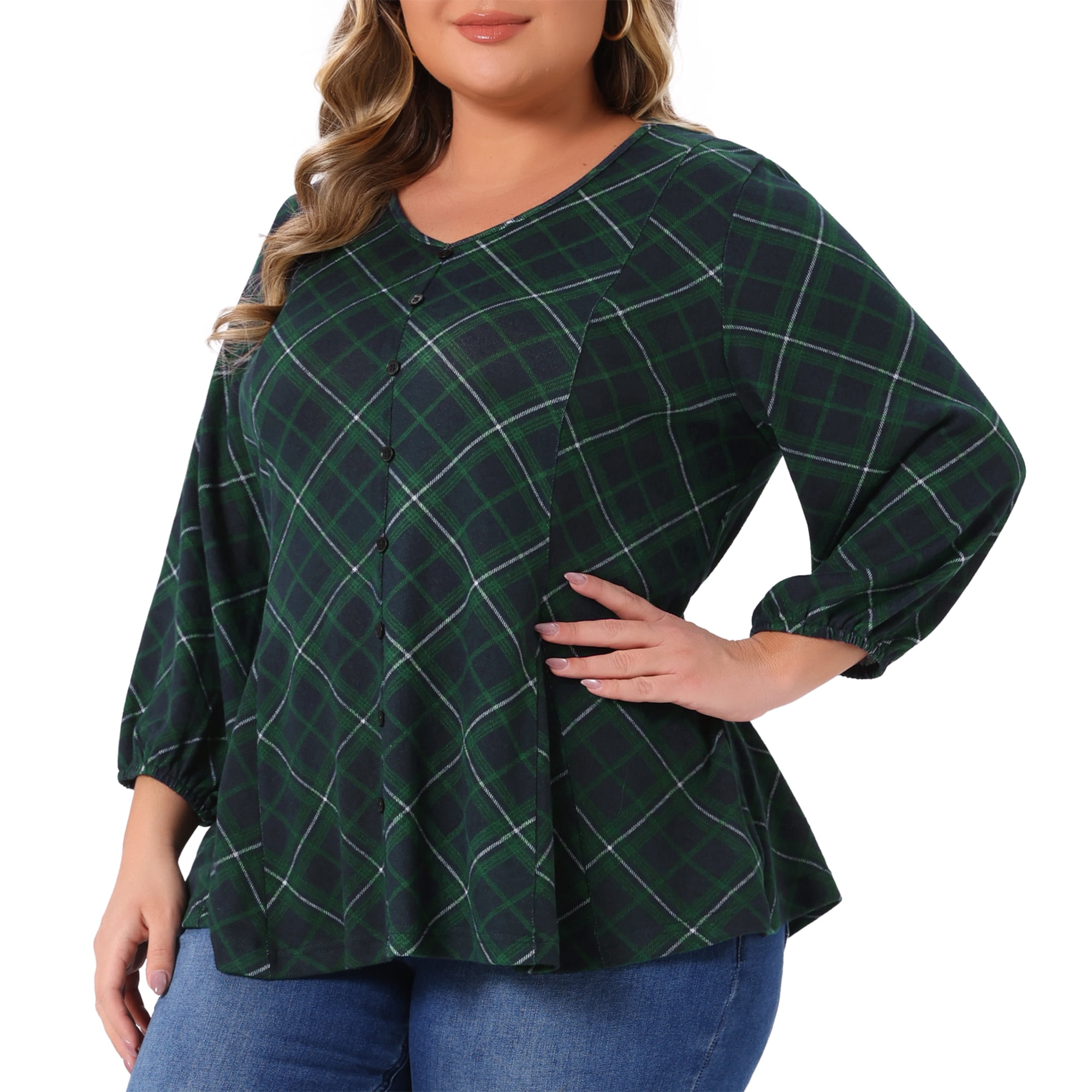 DARING DIVA Women's Plus 3/4 Sleeve V Neck Tunic with Decorative Buttons 2X Green