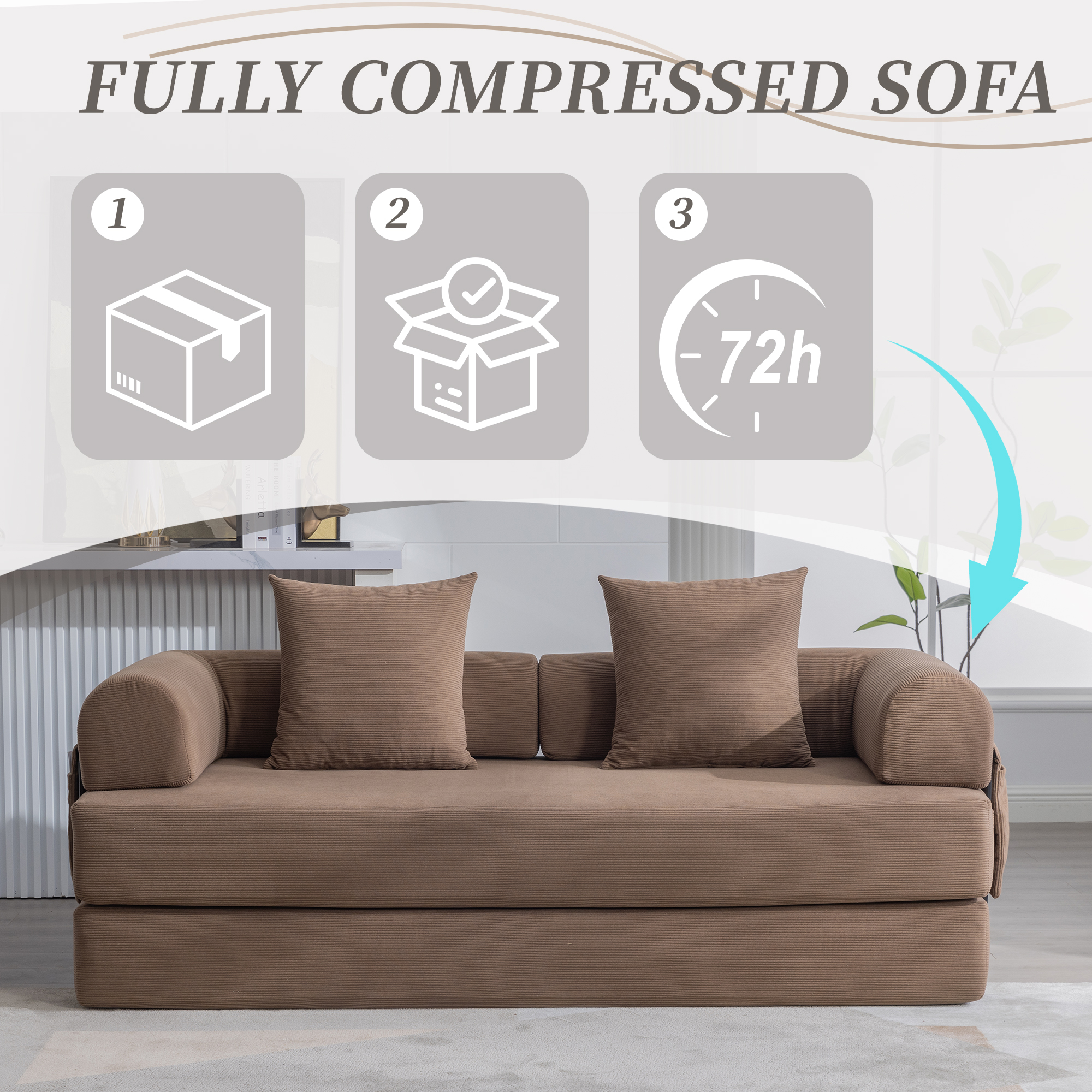 MOONMISS Corduroy Upholstered Modern Comfort Foldable Compressible Sofa Bed with Sturdy Metal Frame-Brown