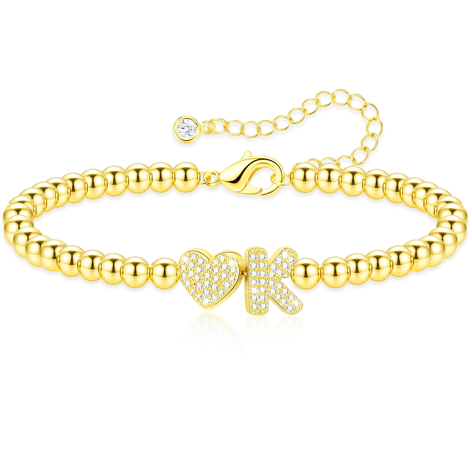 APSVO 18K Gold Plated Love Heart Initial Bracelet for Women Teen Girls CZ Letter K Beaded Bracelet Birthday Jewelry Gifts Ideas