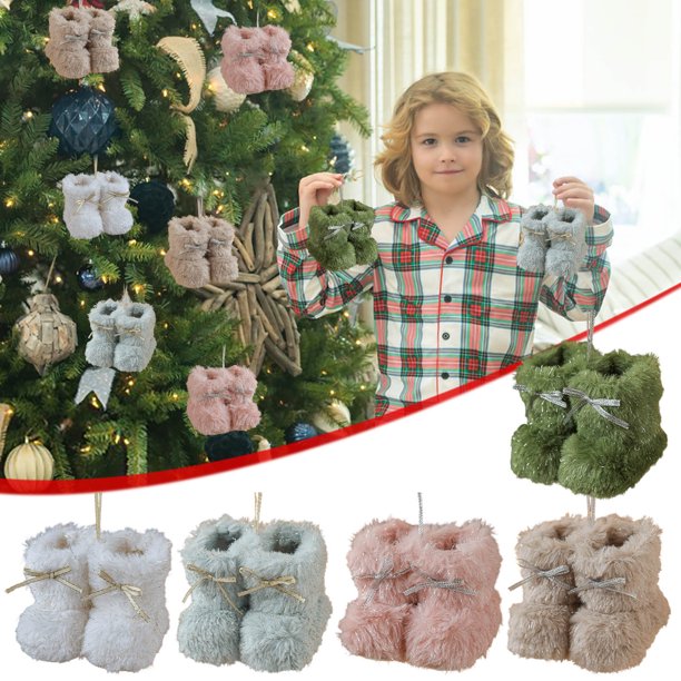 Adornos Navideños de Peluche con Forma de Mini Botas y Lazo para El Árbol de Navidad | Adorables Decoraciones Navideñas para El Árbol de Navidad | Material Plástico Resistente | Juego de Adornos Pequ