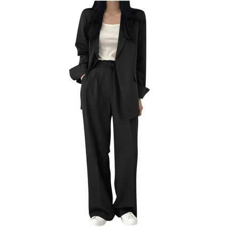 Xdegoge Suit Sets Women 2 Piece Outfits Casual formal Matching Clothes Loose Long Sleeve V-Neck Lapel Blazer Jacket Open Front Work Cardigan High Waist Pleated Trousers Business Wide Leg Dress Pants