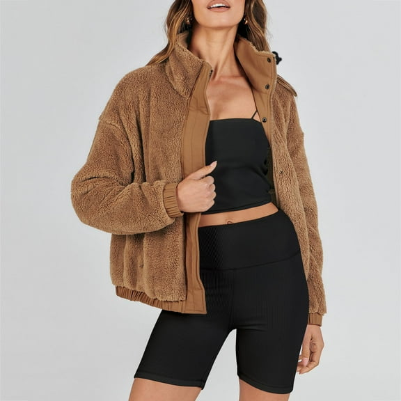EGNMCR Womens Winter Fuzzy Fleece Jacket Casual Stand Collar Solid Color Cardigan Zipper Pullover Coats Outerwear with Pockets on Clearance