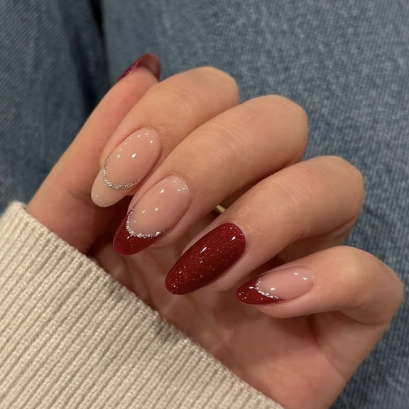 24PCS Christmas Press on Nails, Whitening Red French Style with Silver Lines, Minimalist Elegant Acrylic Fake Nails, Detachable Reusable Manicure Kit for Women, Holiday Party & Daily Elegant Look