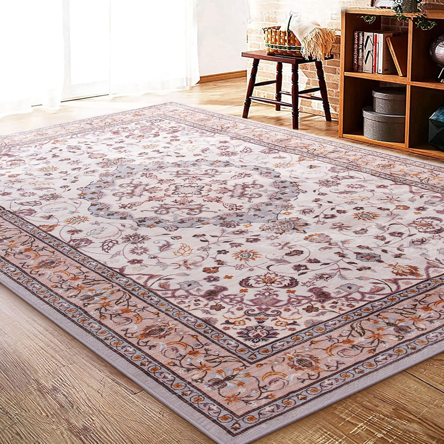 Jamfeel Area Rugs Vintage Floral Printed Washable Non-slip Carpets Foldable Thin Low Pile Rug for Living Room Bedroom 8'x10' Khaki
