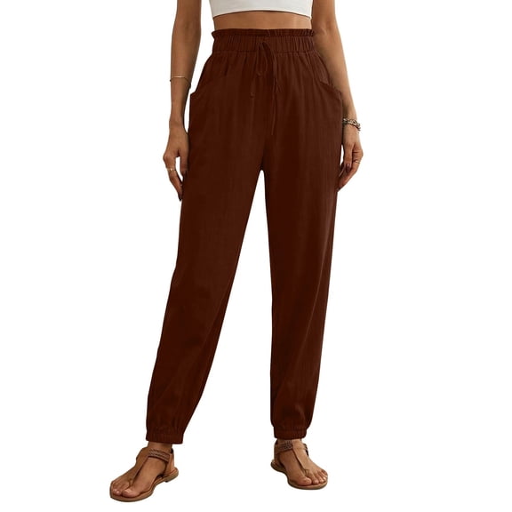 Perfectbot Women's Casual Drawstring Pants Ruffle Elastic Waist Cuff Bottom Pants with Pockets