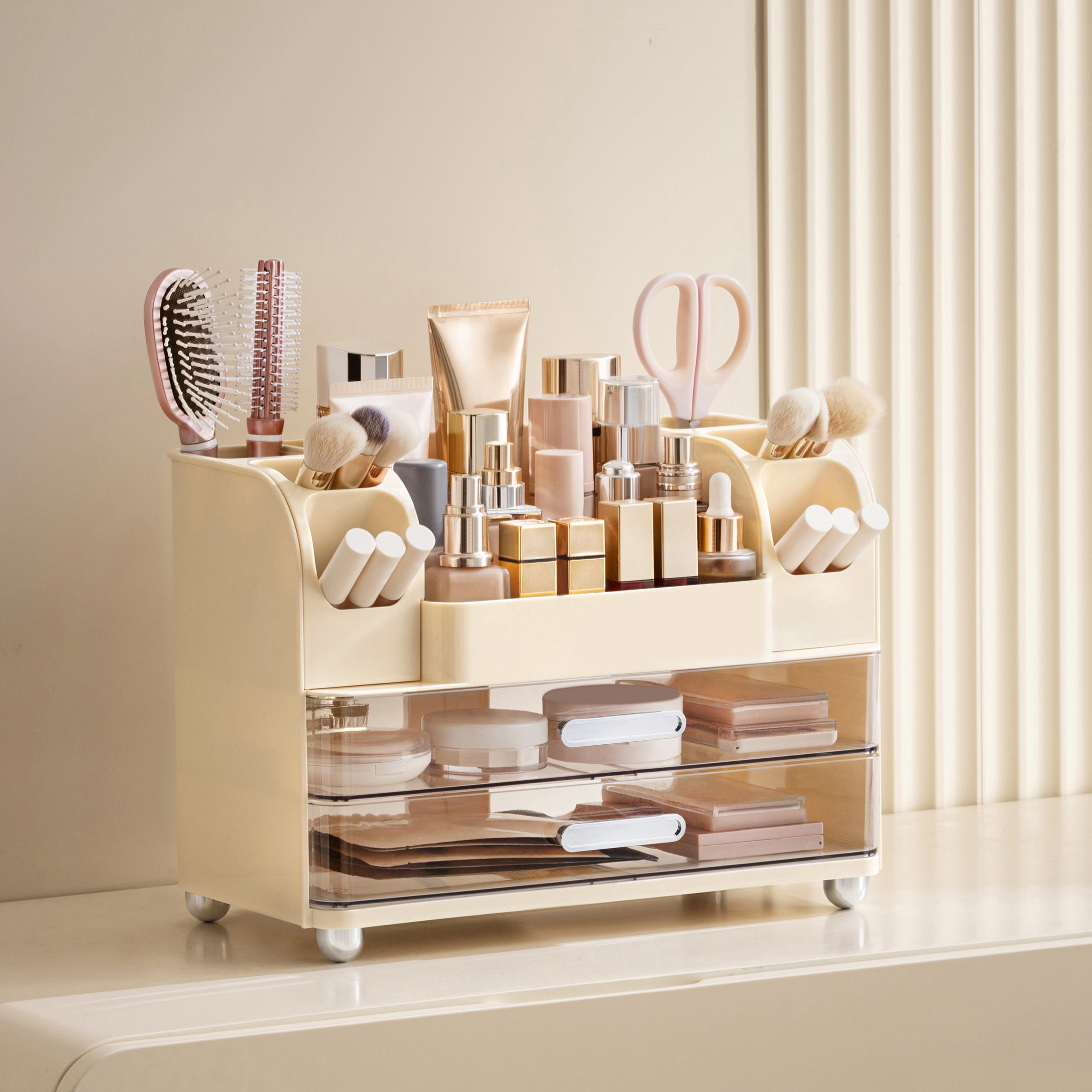 HBlife Makeup Organizer for Vanity with Brush Holder, Large Bathroom Countertop Cosmetic Organizer, Beige