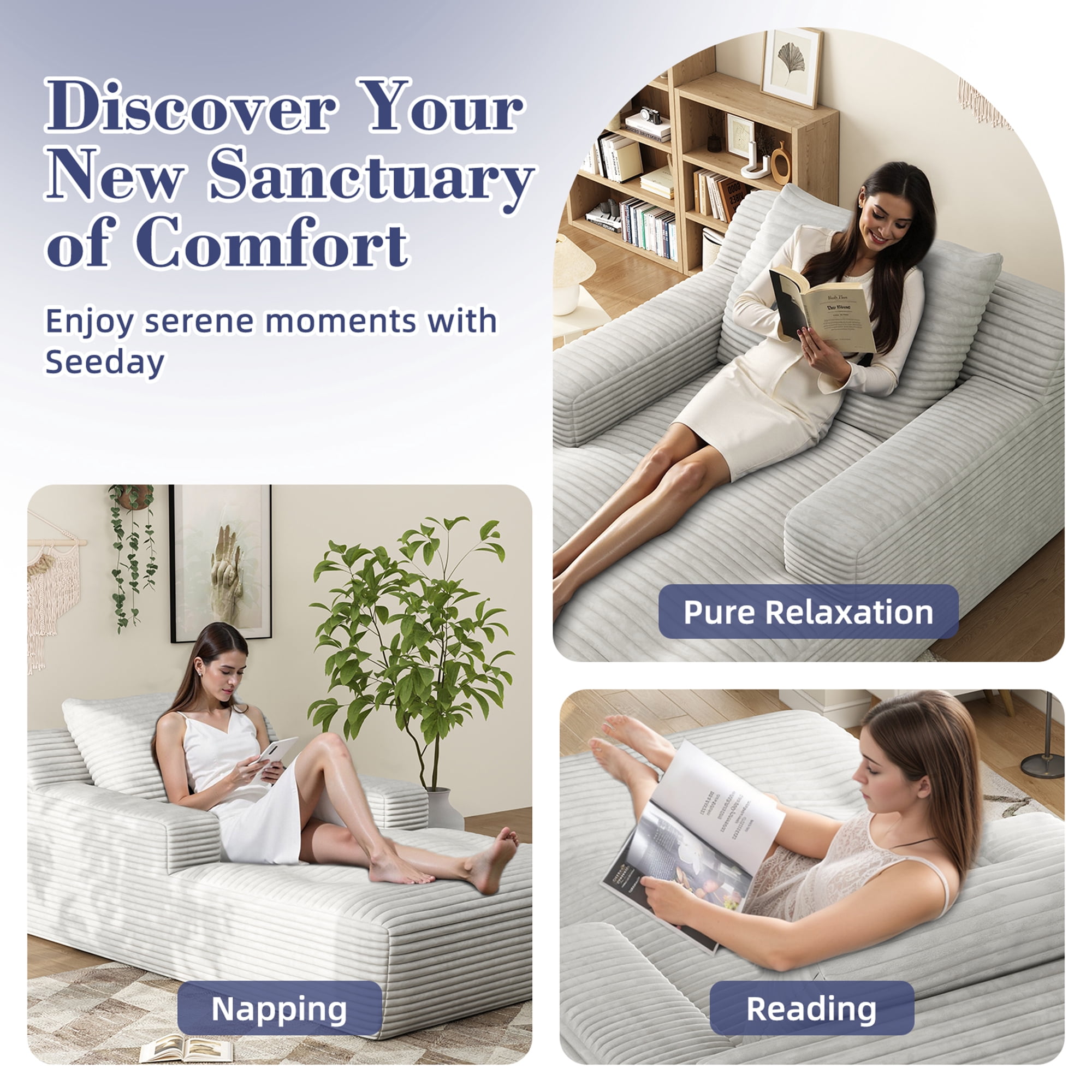 67'' Oversized Chaise Lounge Chair Indoor, Cloud Plush Corduroy Upholstered Sofa Bed, Modern Deep Seat Sofa with Back Cushion, Pillows, Cozy Sleeper Couch for Living Room, No Assembly Required, White