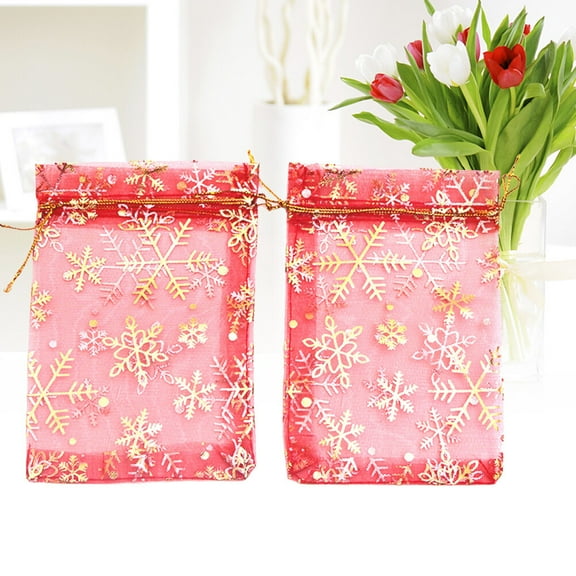 Stri 50Pcs Small Sheer Organza Gift Bags with Gold Snowflake Pattern Jewelry Pouches Organza Drawstring Bags for Wedding Party Christmas