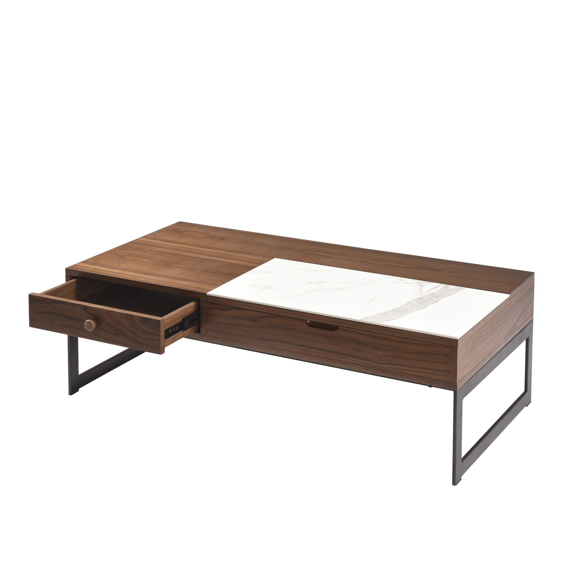 Faye Transitional Rectangular Lift-Top Coffee Table in Walnut Finish with Sintered Stone Panel and Black Metal Base