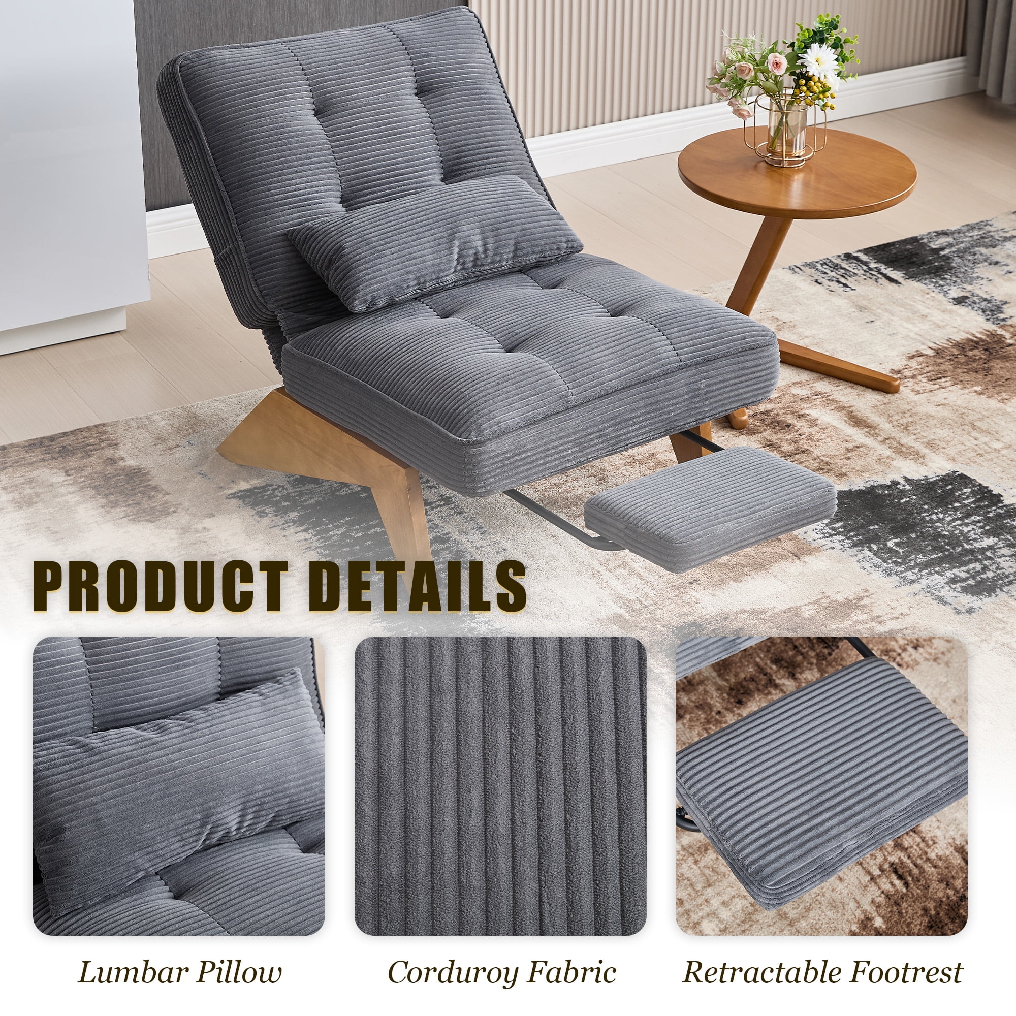 MOONMISS Modern Adjustable Lounge Chair with Footrest,Wooden Base Upholstered Recliner for Reading Rest Striped Velvet