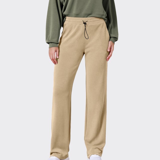 Lydiaunistar Womens Solid Color Drawstring Elastic Waist Pocket Casual Sport Long Pants for Women All Season Comfy Polyester Khaki