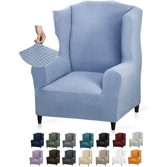 1 Piece Stretch Wingback Chair Slipcover Latest Jacquard Design Wing Chair Cover Non Slip Furniture Protector with Foam Rods for Living Room (Wing Chair, Light Blue)
