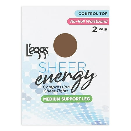 

L Eggs Sheer Energy Medium Support Leg Control Top No-Roll Waistband Sheer Toe 2 Pack