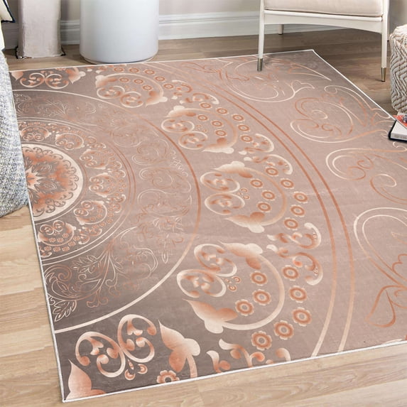 Mandala Decorative Rug, Vintage Cosmos Oriental Breeze Pattern Swirled Floral Leaves Art, Quality Carpet for Bedroom Dorm and Living Room, 6 Sizes, Pale Chocolate, by Ambesonne