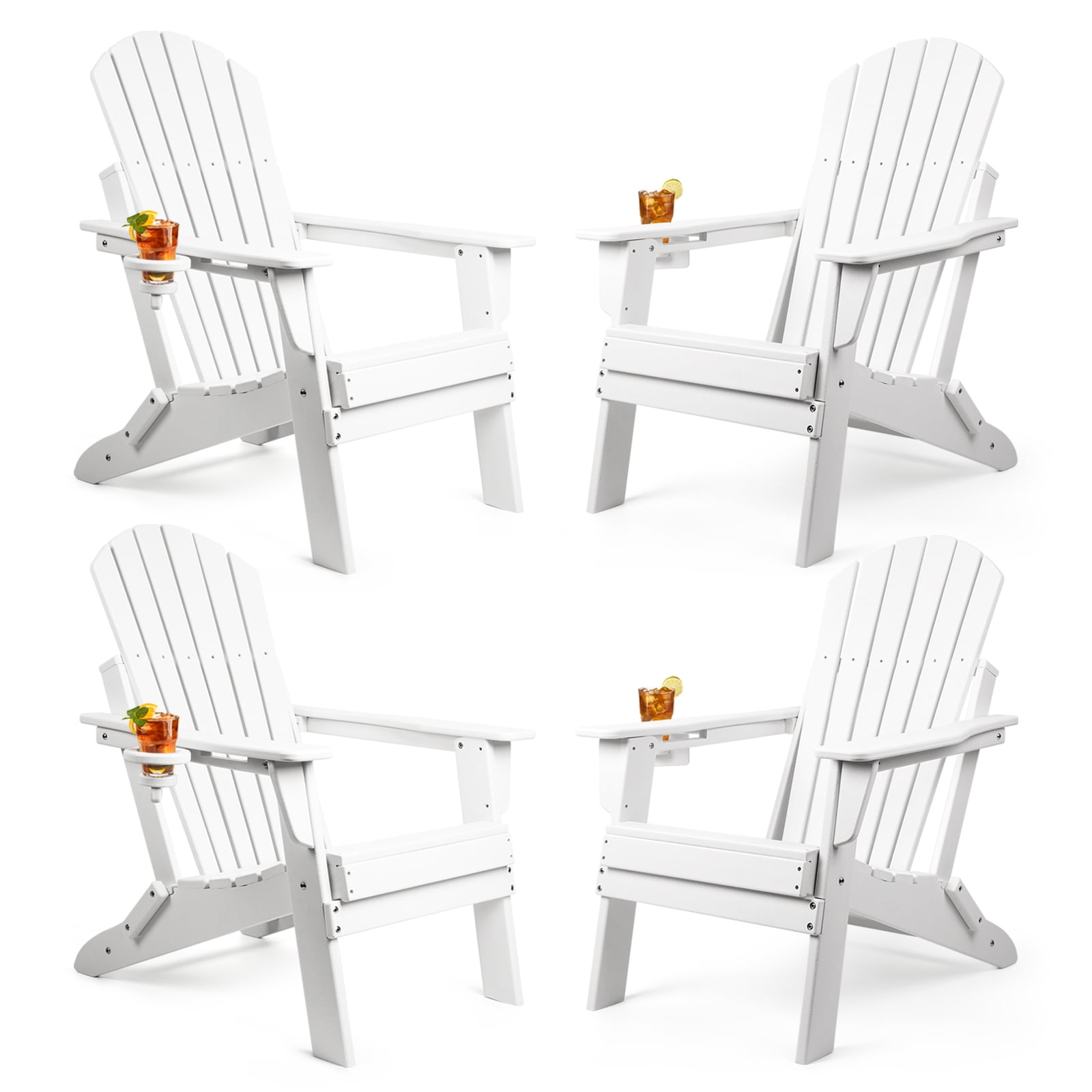 PAOLFOX Patio Folding Adirondack Chairs Set of 4 with Cup Holder, White