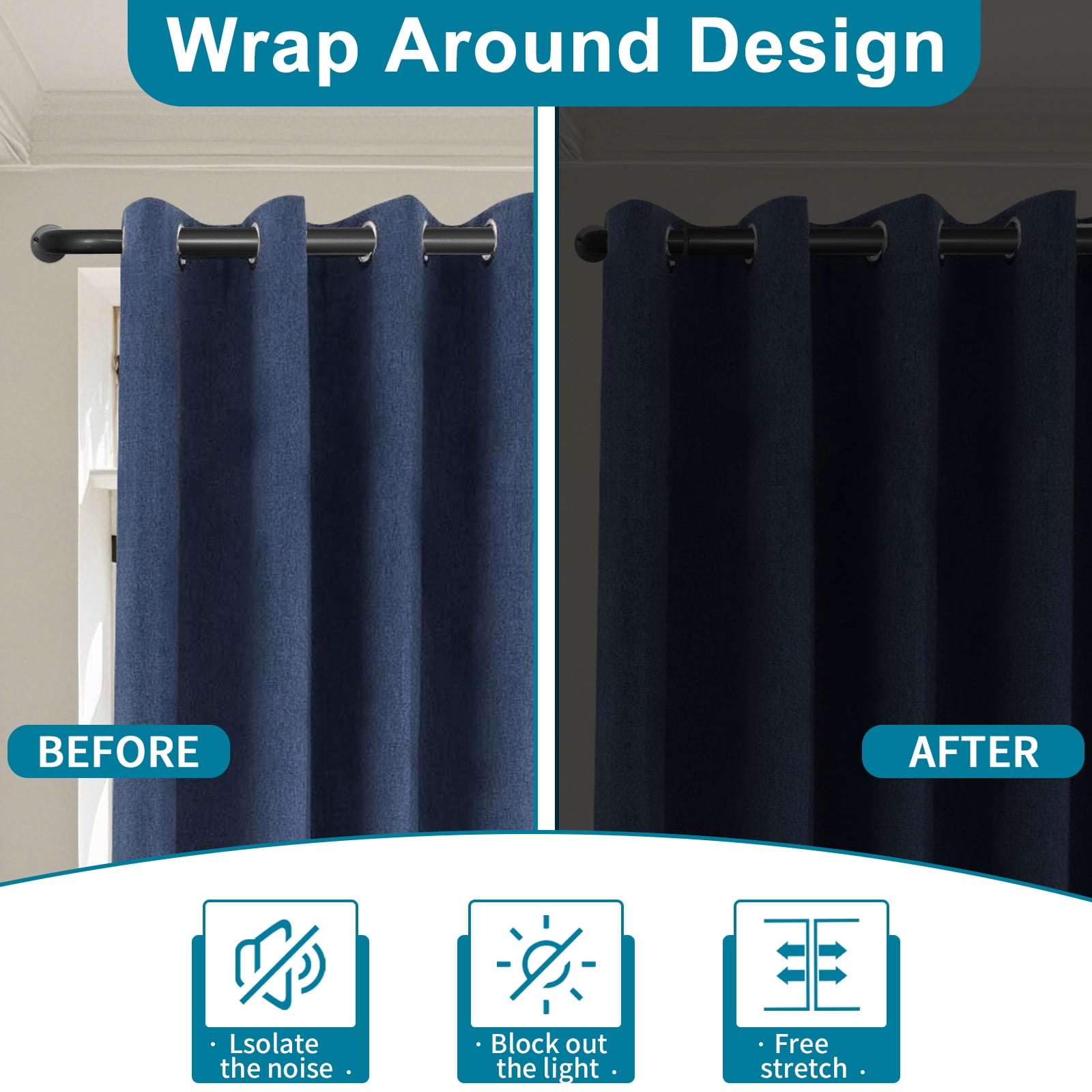 Meriville 1-Inch Diameter Wrap Around Blackout Curtain Rod, 48-Inch to 84-Inch, Black Finish with Round Base
