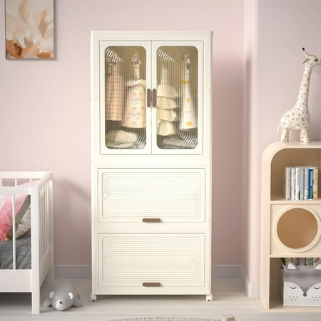 Portable Wardrobe Closet Storage Organizer for Clothes,Clothes Dresser, Magnetic Doors with 4 Cubes & Hanging Rod,10 pcs Hangers, Baby Wardrobe Storage Cabinet,White