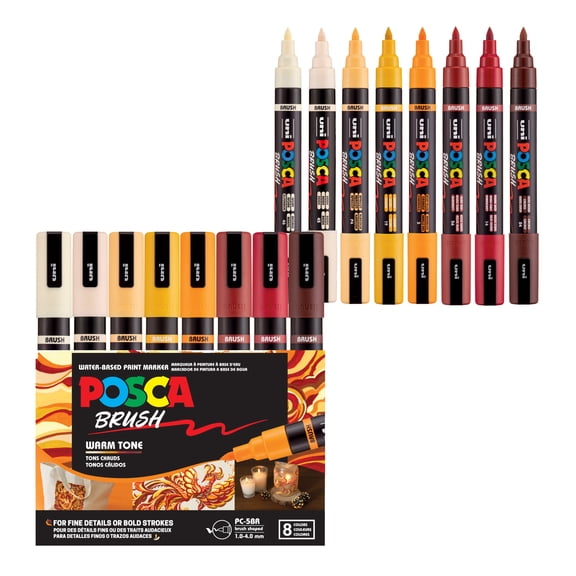 POSCA PC-5BR Water-Based Paint Markers, Reversible Brush Tip, 1.0–4.0 mm, Warm Tone Colors, 8 Count