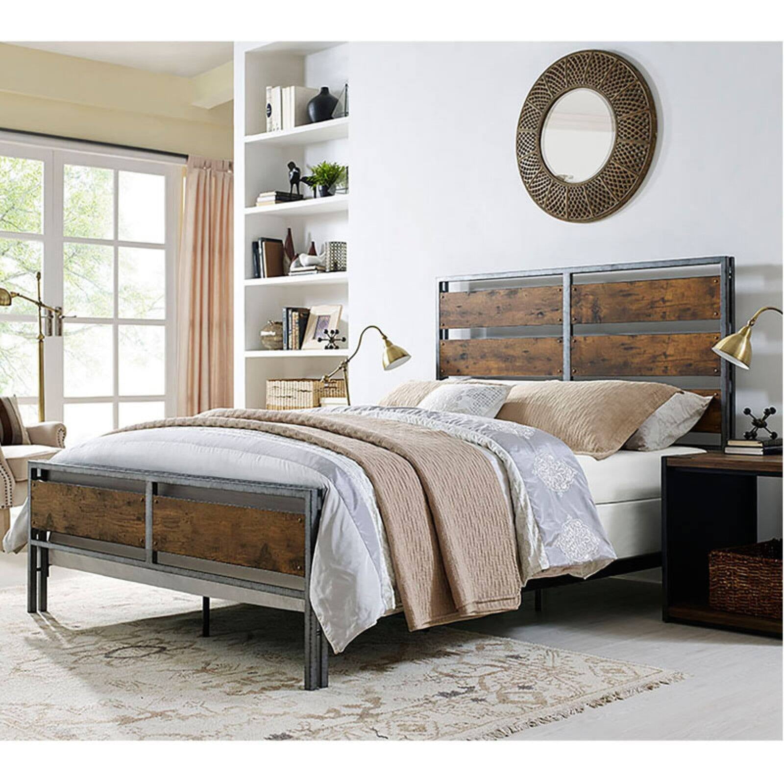 Walker Edison Queen Size Metal and Wood Plank Bed Brown