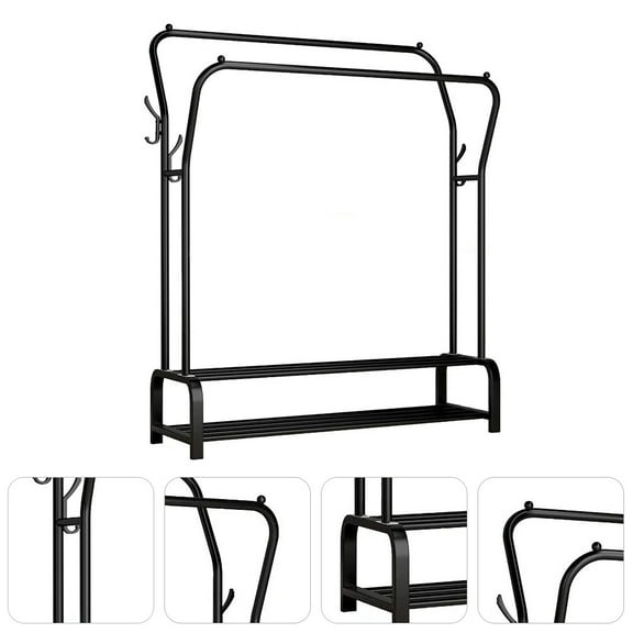 PartyKindom 1Pc Black Metal Double Pole Clothes Rack with Large Capacity Shelf