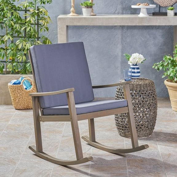 Outdoor Acacia Wood Rocking Chair with Cushion,Grey