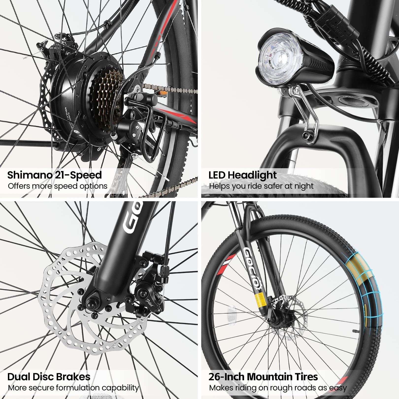 Gocio 26" Electric Bike, 350W Electric Bike for Adults 19.8MPH Electric Mountain Bike, LCD, Lockable Suspension Fork, 374.4Wh 36V Battery UL2849 Certified, 21-Speed E-Bikes Adult Electric Bicycle