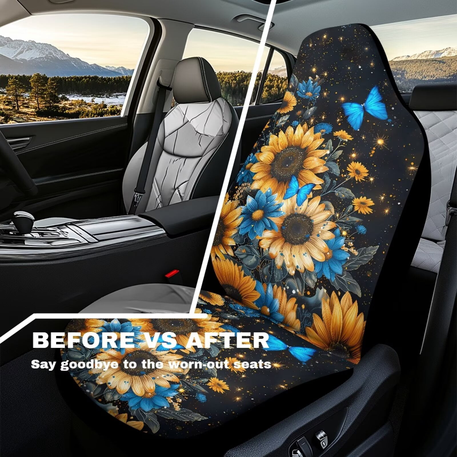 Uorisanigo Car Seat Covers Waterproof Blue Butterfly Sunflower Car Seat Cover for Front Seats Set of 2 Anti-Slip Back Fabric Easy to Install and Clean Universal for Auto Truck Van SUV