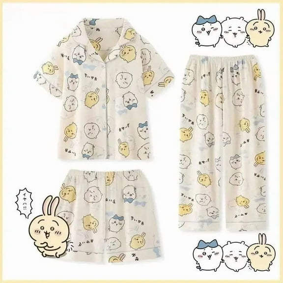 Chiikawa Three-piece Pajamas New Short-sleeved Cute Cartoon Usagi Home Clothes Set Can Be Worn Outside