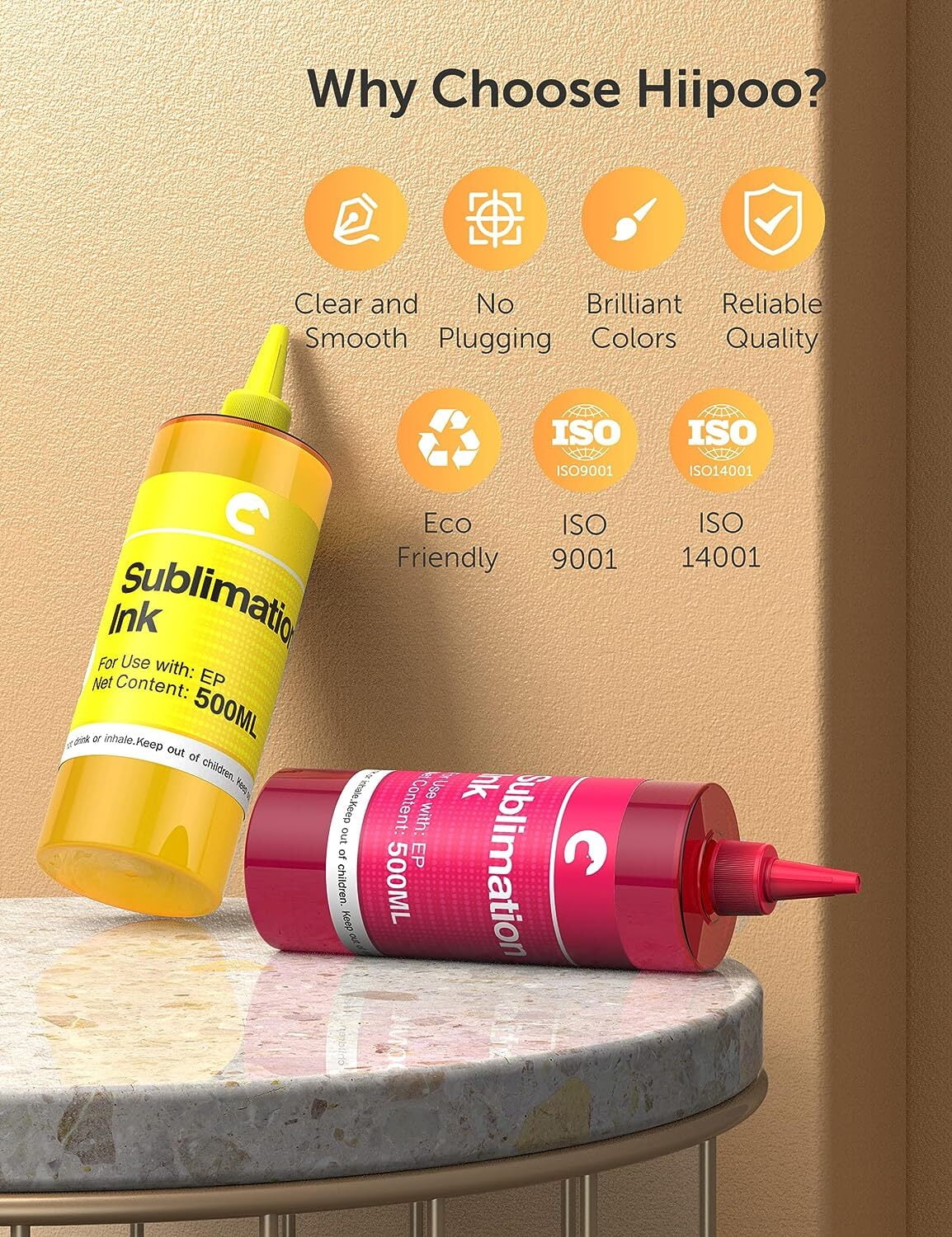 Hiipoo Sublimation Ink 2000ml Refill Bottles, Compatible with ET2760/ET2720/ET2803 & WF7710/C88/C88+ Printers, Heat Transfer for T-Shirts, Mugs, Plates, DIY Gifts (BK/C/M/Y)